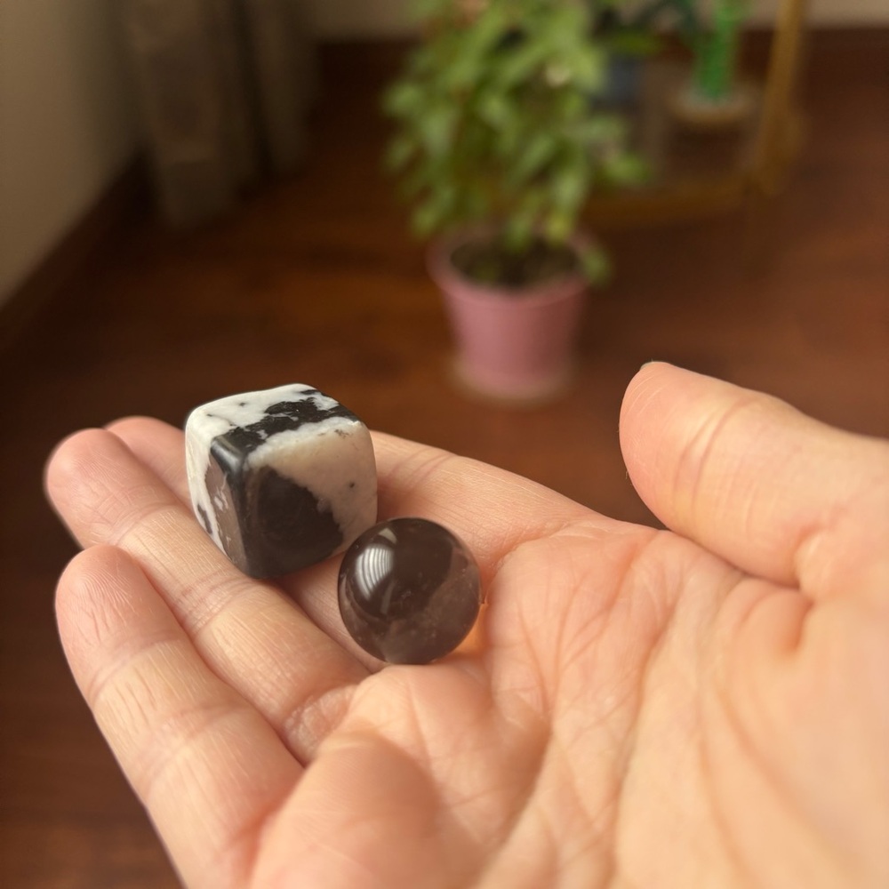 Set of 2 Geometric Shapes Crystals (Tourmaline Cube & Smoky Quartz Sphere)
